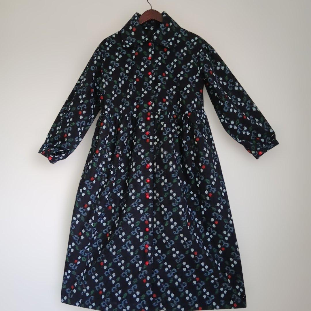 久留米絣リメイクワンピース 衿外しできる コート兼用L