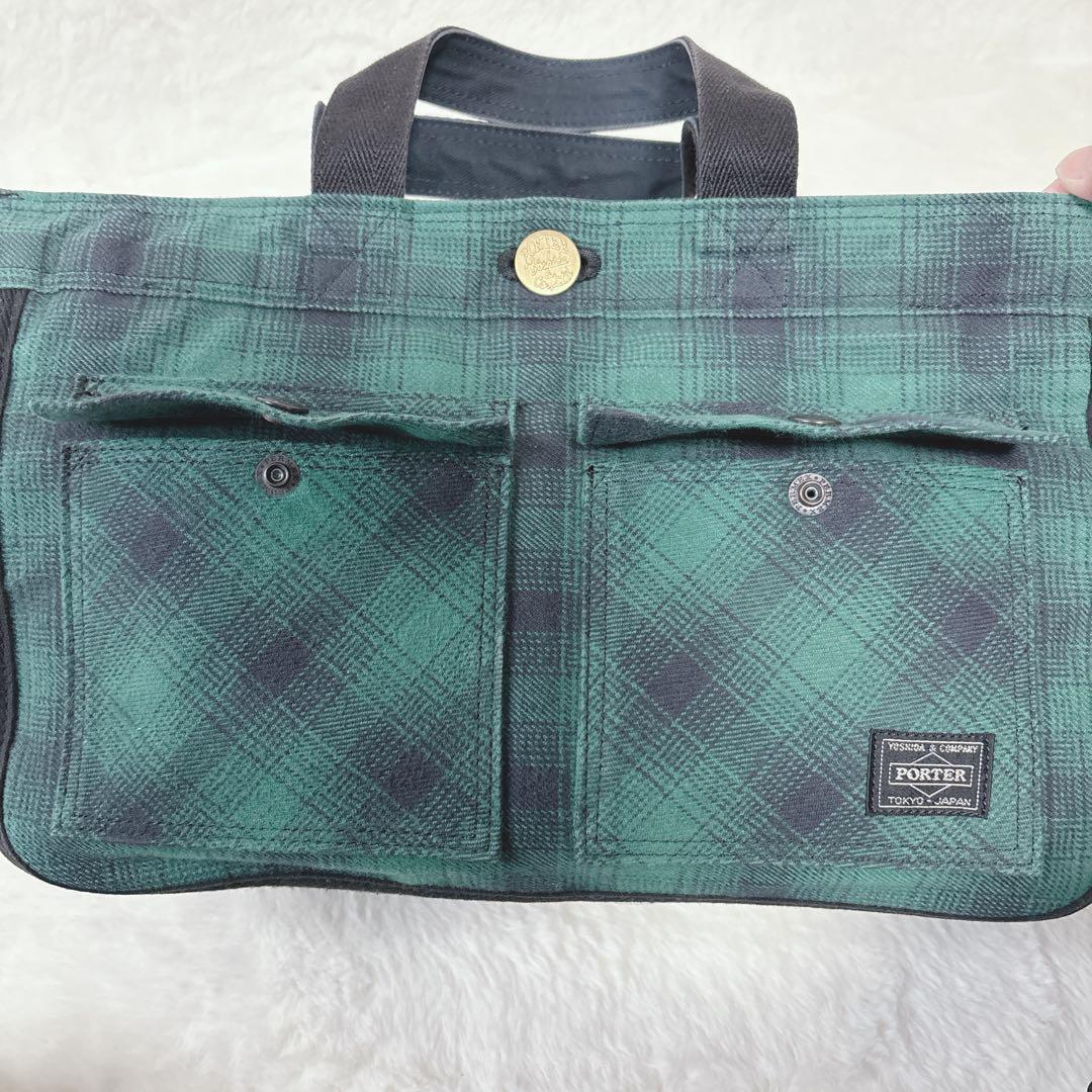 【美品】PORTER ポーター　ハンドバッグ　チェック柄 緑　廃盤品
