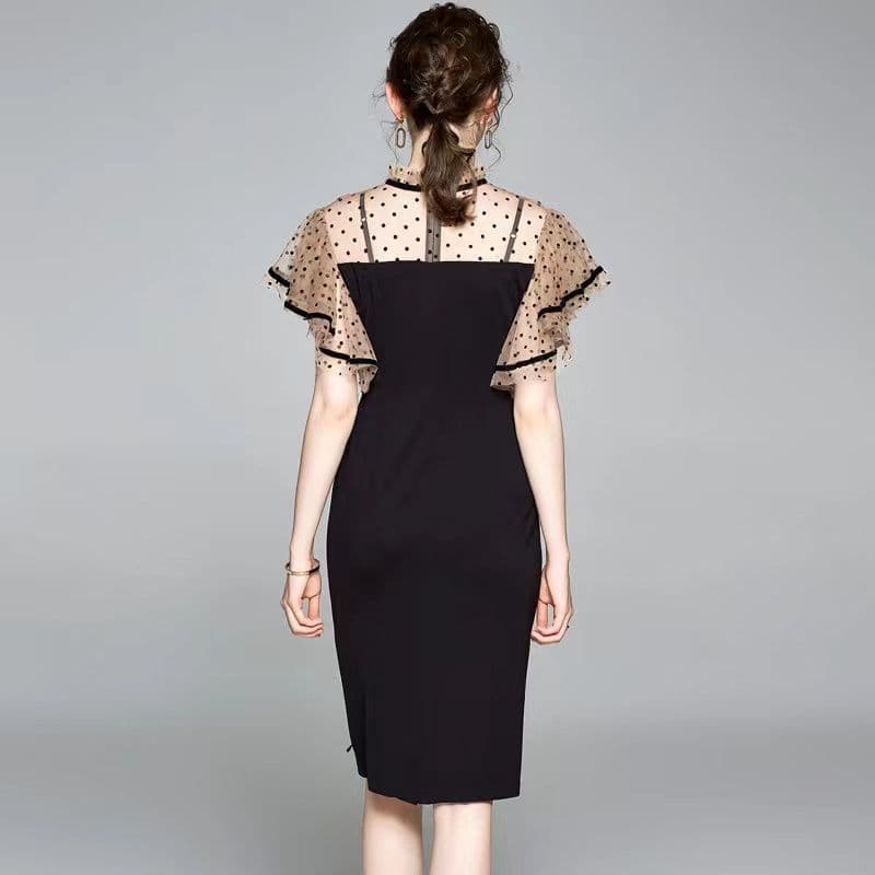 フリル ワンピース ドレス ブラック ドット リボン 結婚式 二次会 M 水玉