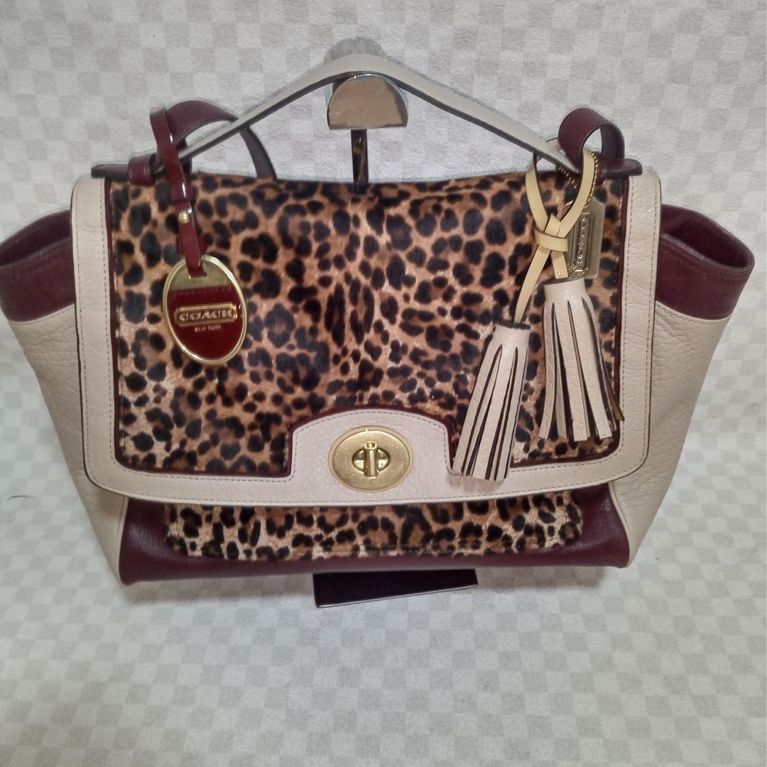 COACH ショルダーハンドバッグ 2WAY レザー レオパード柄 アイボリー
