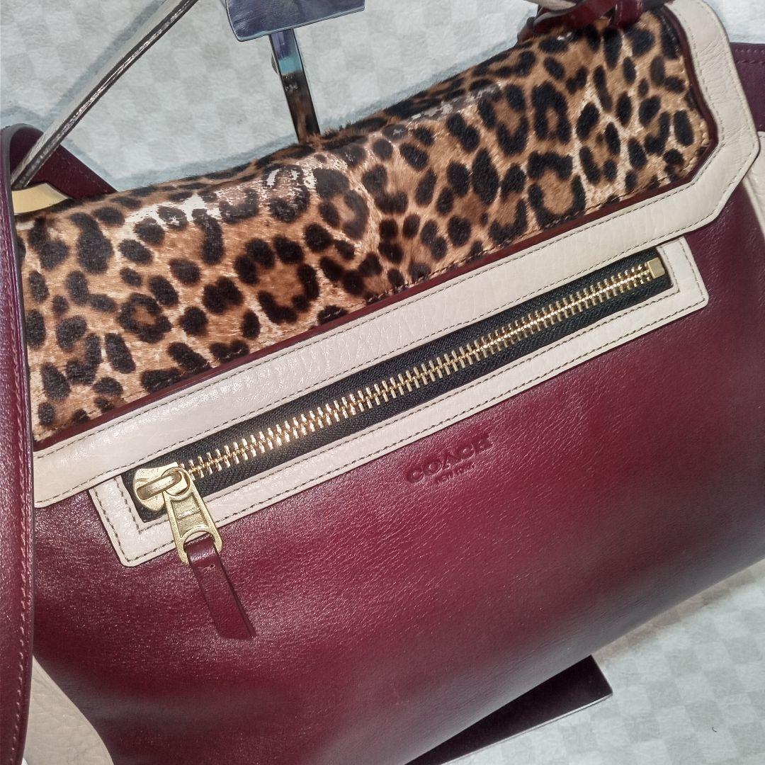 COACH ショルダーハンドバッグ 2WAY レザー レオパード柄 アイボリー