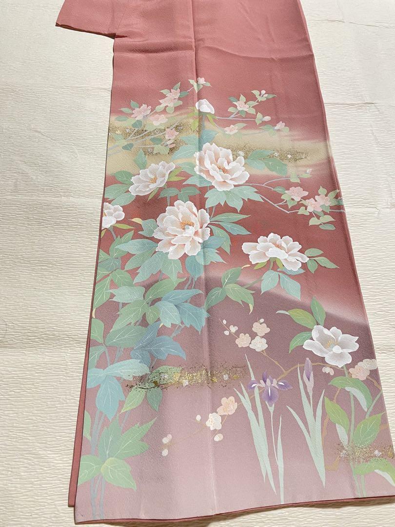 訪問着フルセット　4点セット　作家　落款　正絹　花柄　ピンク　高級　金箔　美品