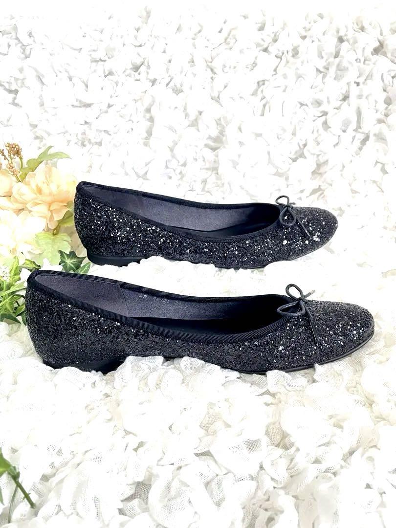 【美品】　DIANA パンプス　フラットシューズ　ラメ　グリッター　黒　24cm