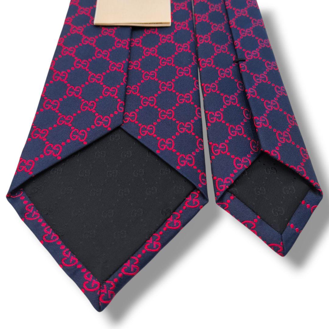 未使用　現行タグ　グッチ　ネクタイ　GGパターン　ジャガード　ネイビー　レッド