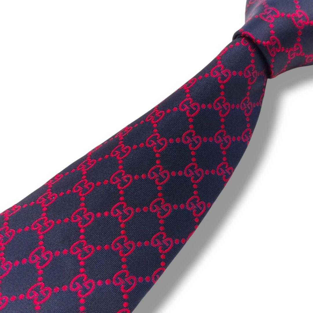 未使用　現行タグ　グッチ　ネクタイ　GGパターン　ジャガード　ネイビー　レッド