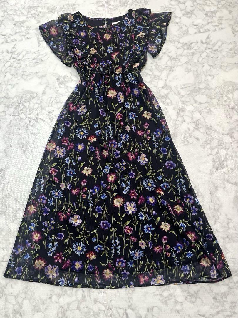 【美品】リリールル☆ドラマティックフラワーストライプシフォンワンピースMサイズ