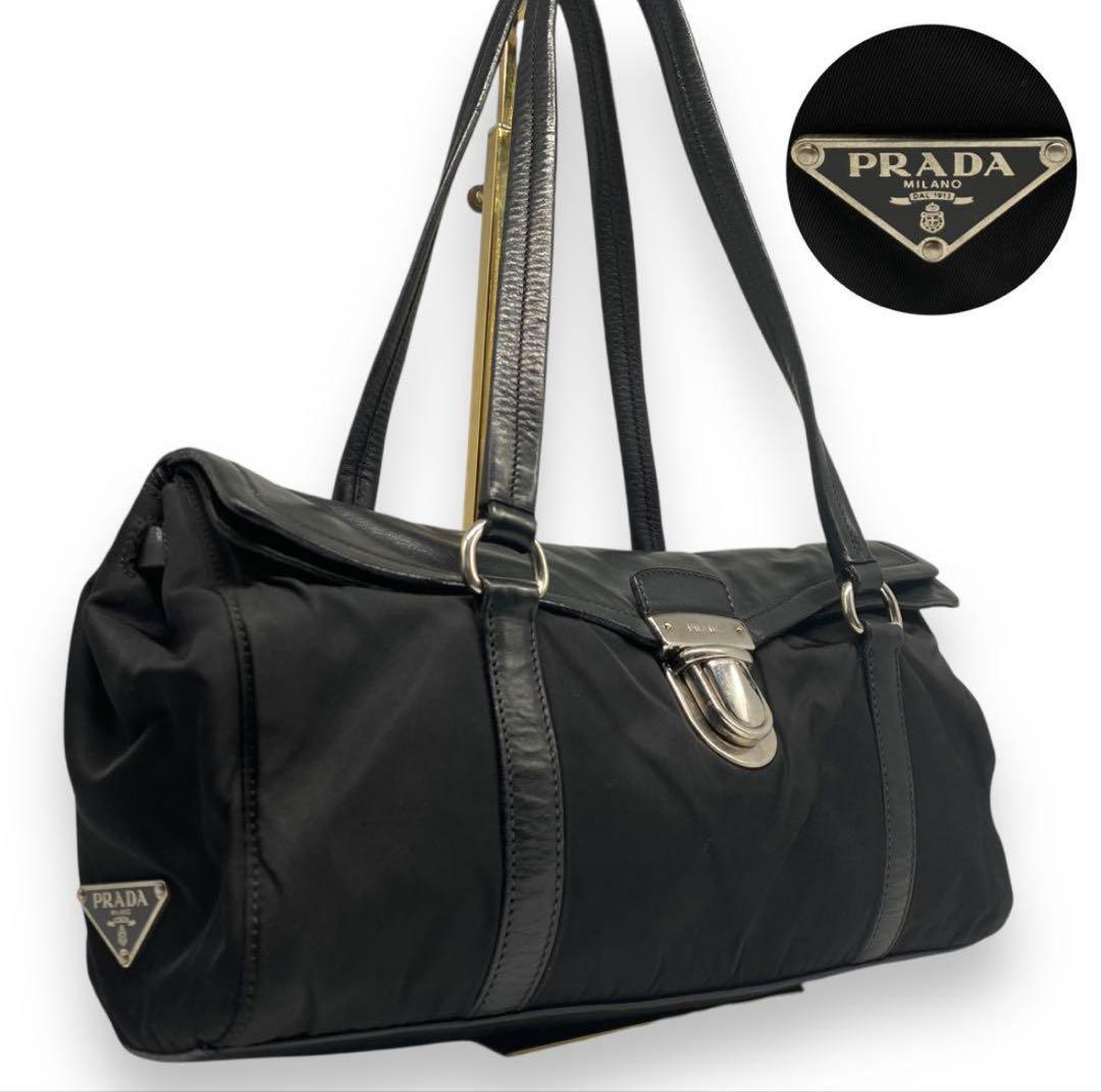 美品■プラダ　ナイロン×レザー　ショルダーバッグ　三角ロゴ　ブラック　肩掛け
