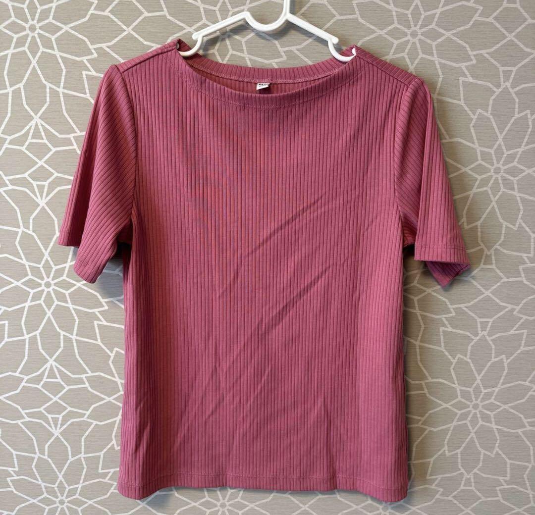 リブ編み ピンク 半袖Tシャツ