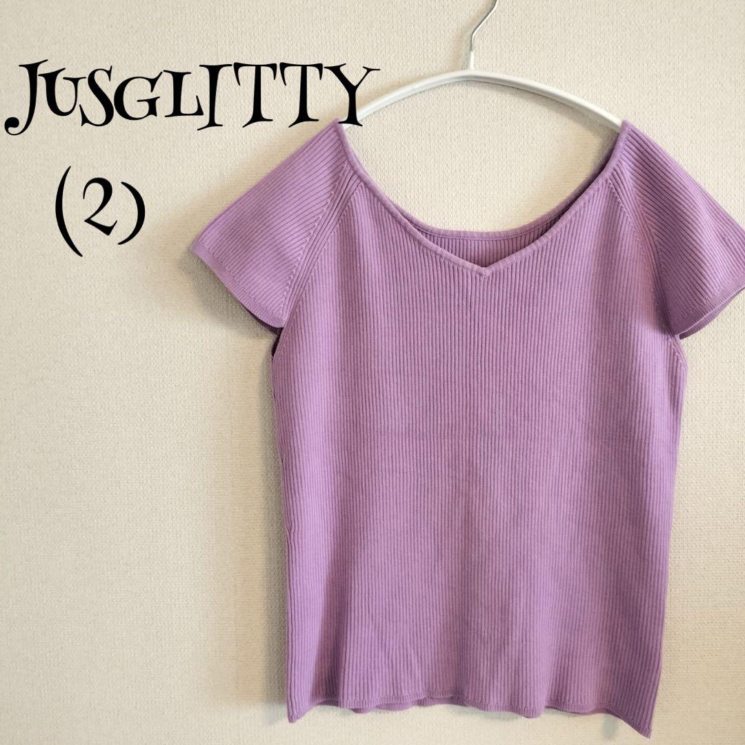 全国送料無料 JUSGLITTY ジャスグリッティー/リブニット/フレンチスリーブ/V カットソー(半袖/袖なし)