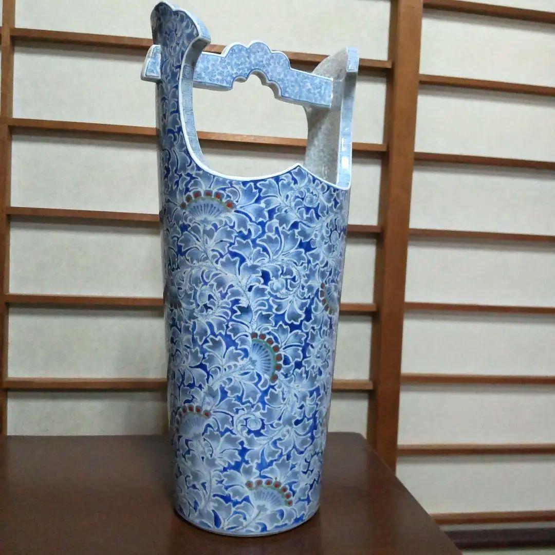 昭和レトロ 染付桶型花入れ  木箱入り 花器 茶道具