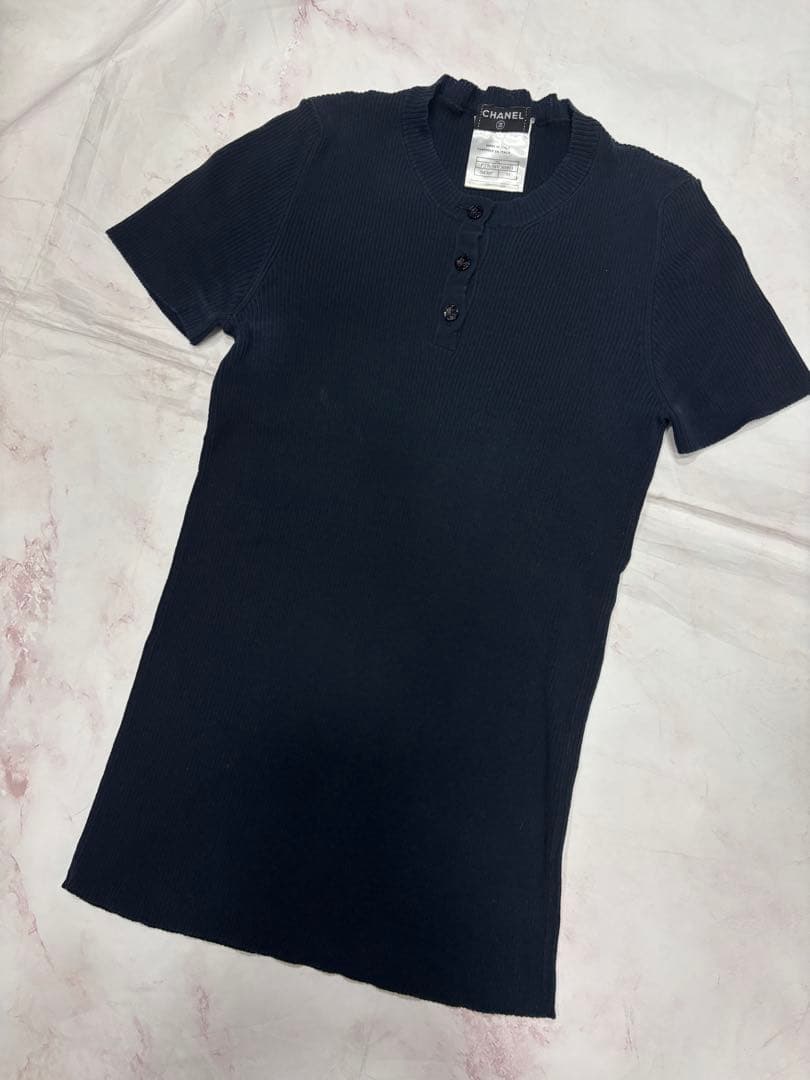 CHANEL シンプル ネイビーリブ 半袖38 100コットンS CHANEL