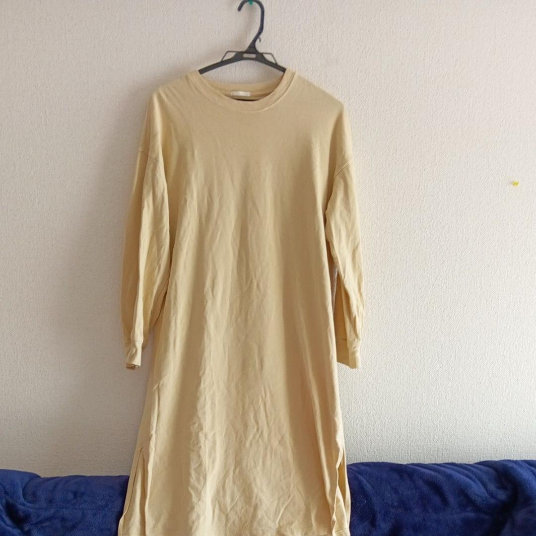 ベージュ ロングカットソーワンピース 長袖