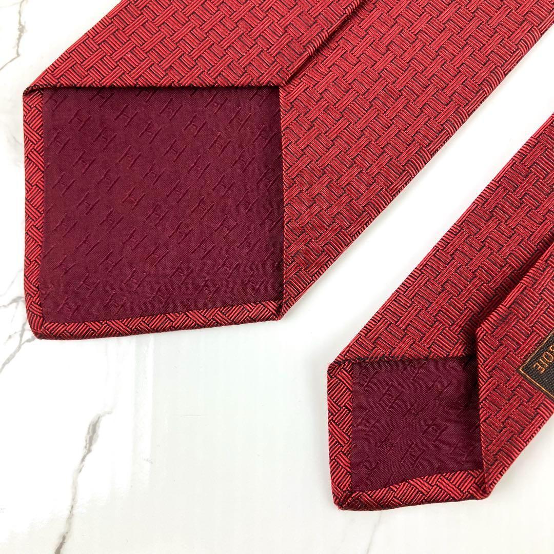 美品　エルメス　ネクタイ　ファソネ　ワンポイント刺繍　ソリッド　ボルドー