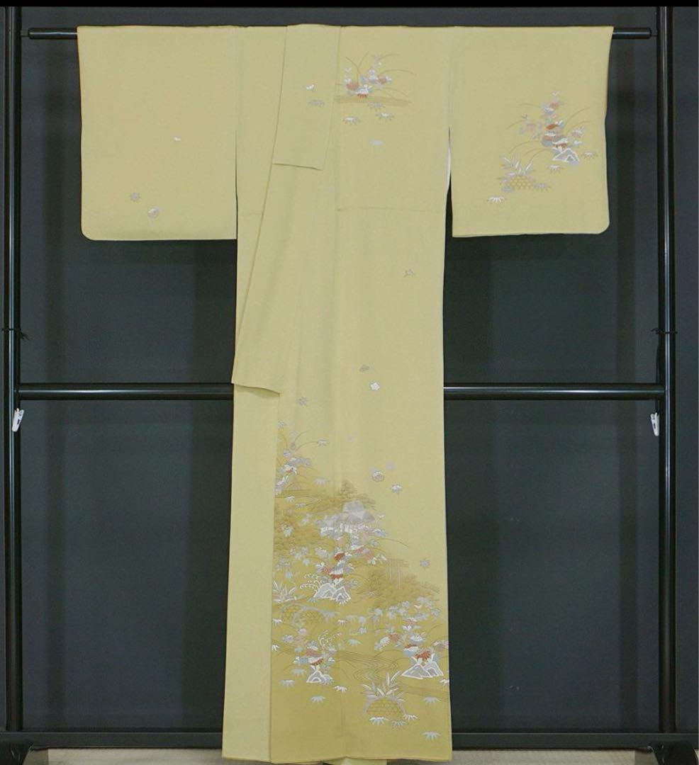 Z-603 正絹 付下げ 竹に花柄 薄い黄色 暈し八掛 広衿 付下げ着物 付け下げ訪問着