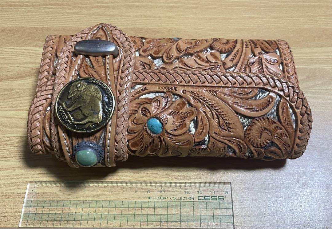 メンズ用　カービングレザーウォレット＆シルバーリングセット