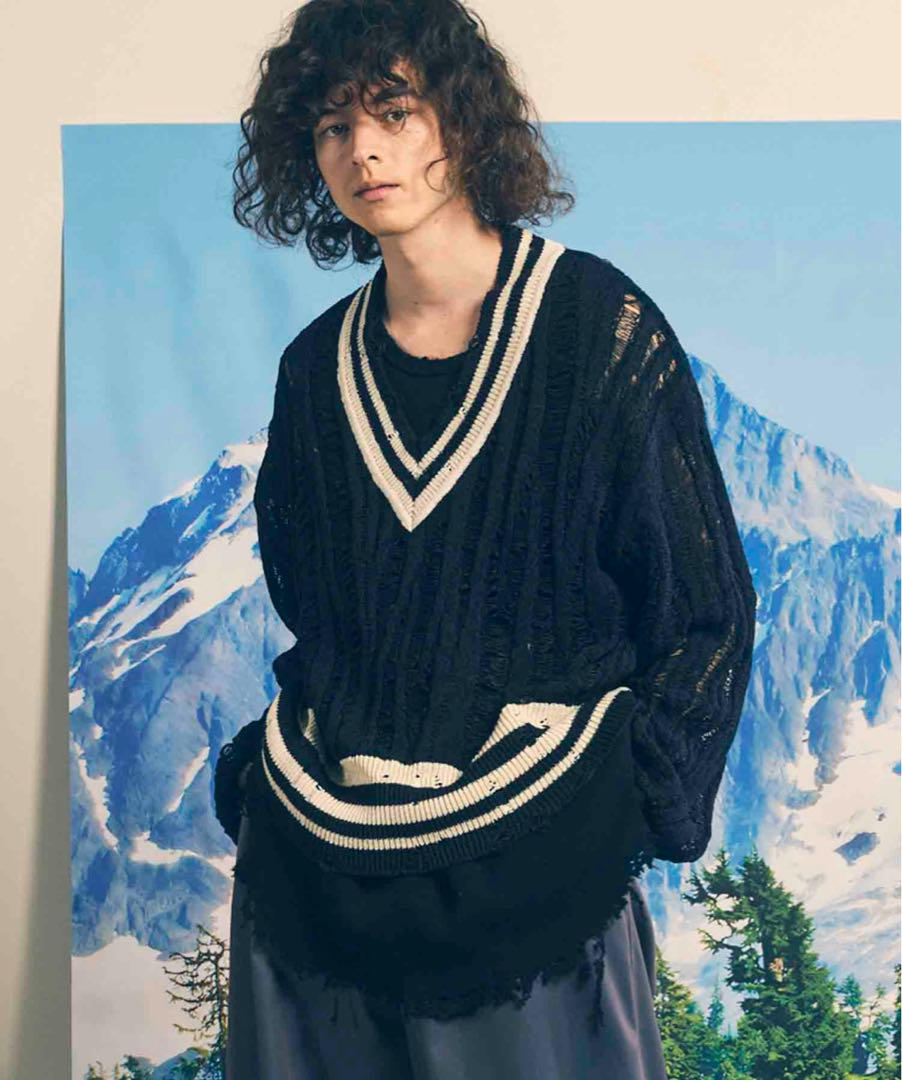 【新品】メゾンスペシャル プライムオーバー和紙ダメージチルデンVネックニット
