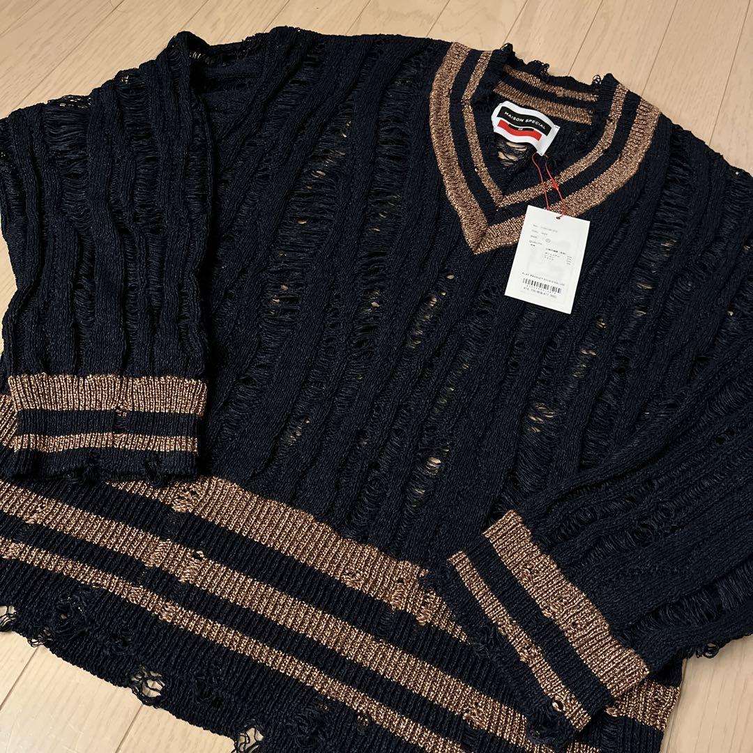 【新品】メゾンスペシャル プライムオーバー和紙ダメージチルデンVネックニット