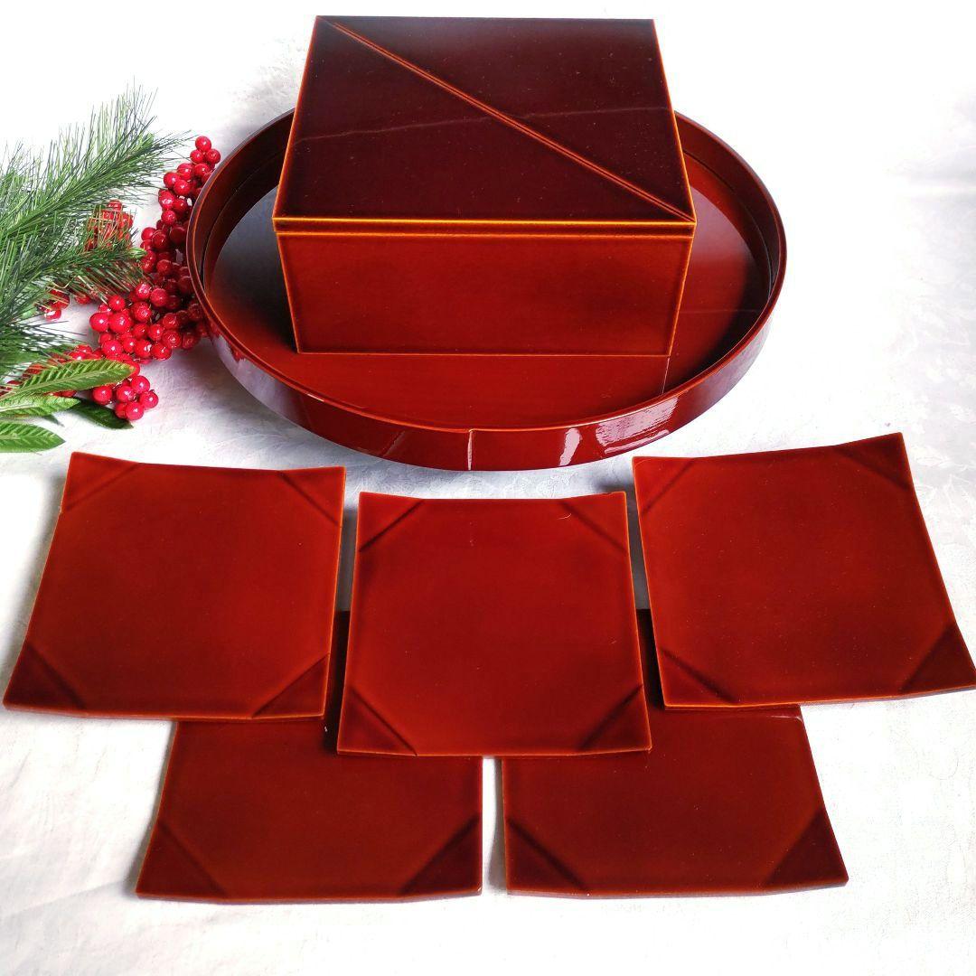 飛騨春慶塗 重箱 菓子器 丸盆 折上銘々皿 天然木 うるし塗 7点セット