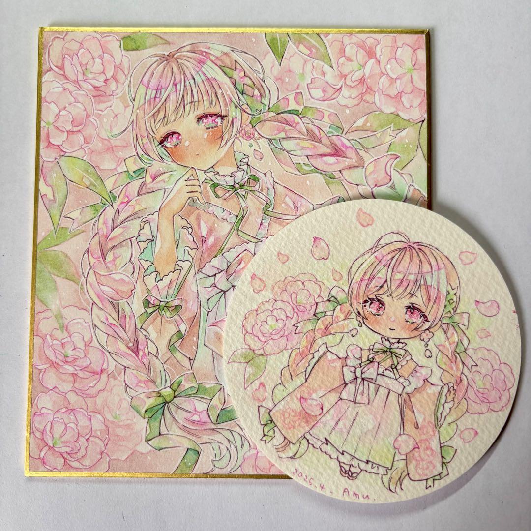 手描きイラスト　ミニ色紙　八重桜