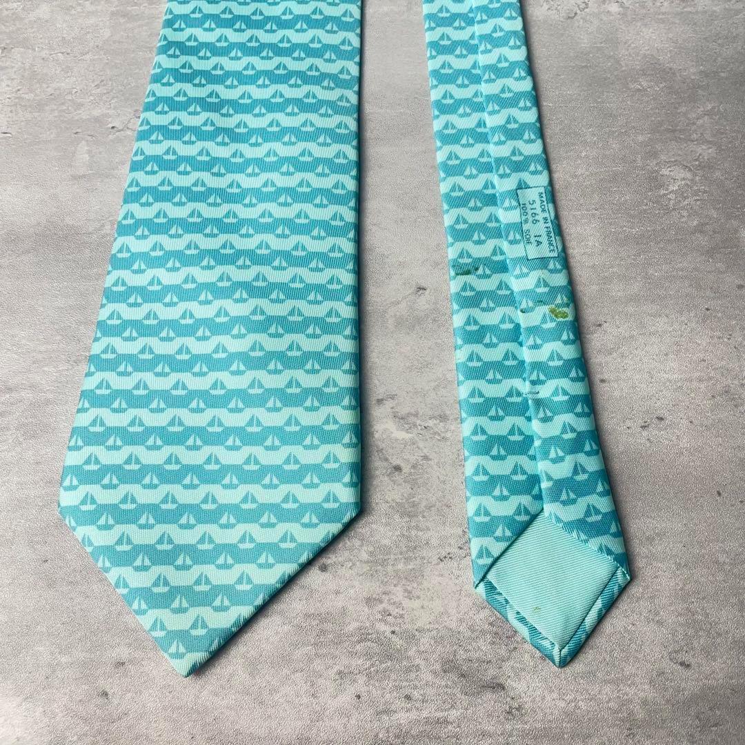 美品 HERMES エルメス ドット柄 格子柄 謎柄 ネクタイ 水色