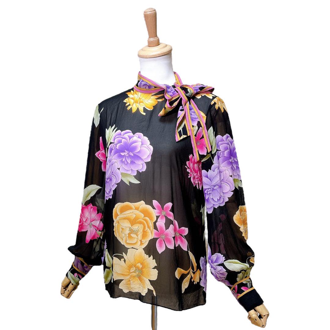 【美品】レオナール（L）シースルーシャツ/シルク絹シアー/花柄/ボウタイブラウス 美品】レオナール（L）シースルーシャツ/シルク絹シアー/花柄