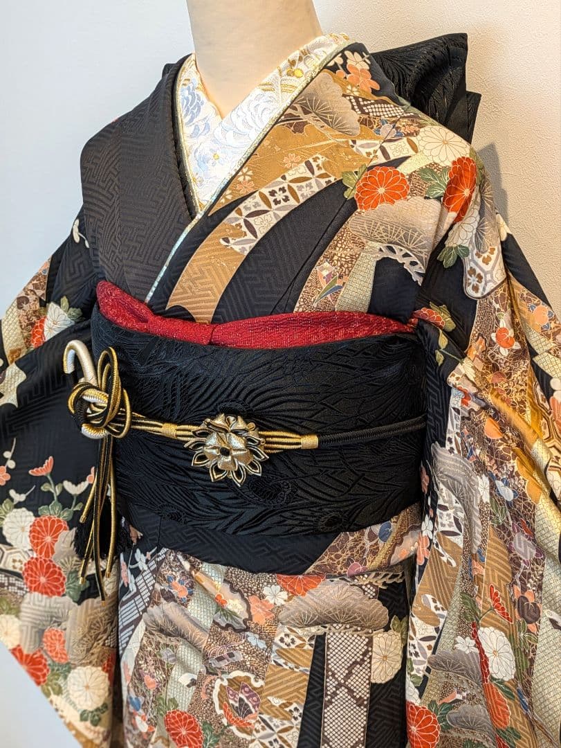 振袖フルセット 身丈173裄68 ロング丈 黒 金彩 成人式 逸品
