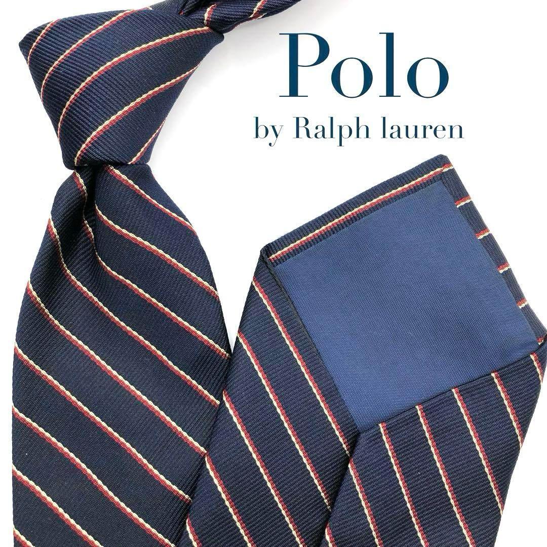 【極美品】 POLO ポロ ネクタイ ストライプ 総柄 ネイビー レッド