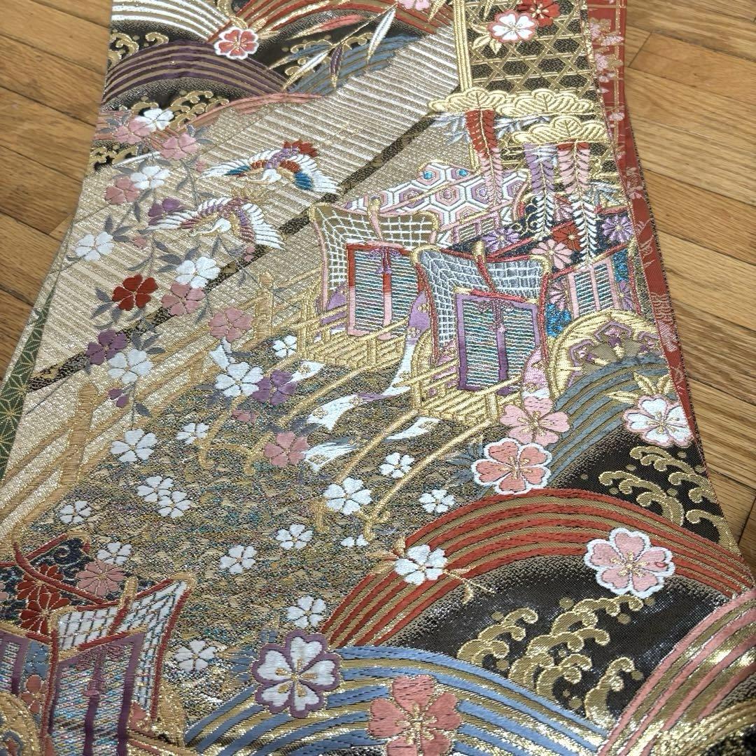 正絹袋帯‼️荒波鶴御所車桜刺繍煌びやか極めてる袋帯