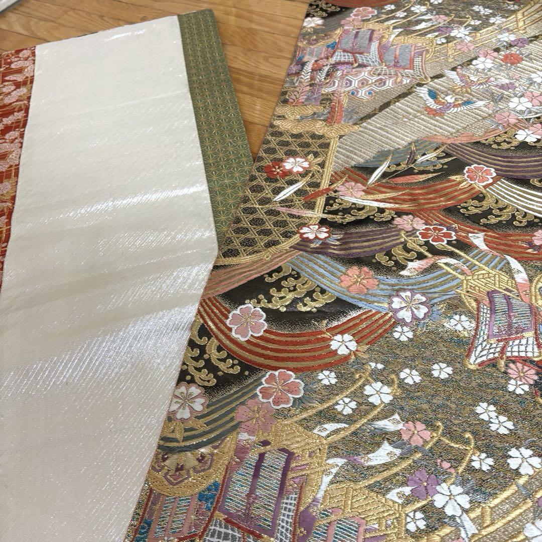 全国総量無料で 正絹袋帯‼️荒波鶴御所車桜刺繍煌びやか極めてる袋帯 着物・浴衣