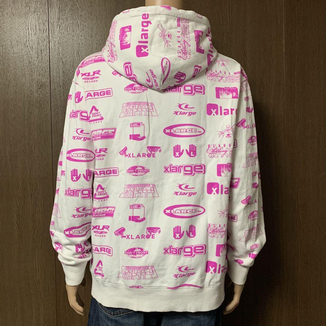 【古着】XLARGE マルチロゴ総柄プリントプルオーバーパーカー