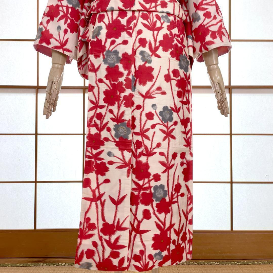 アンティーク 銘仙 着物 正絹 桜 アイボリー 赤 kimono A-0301