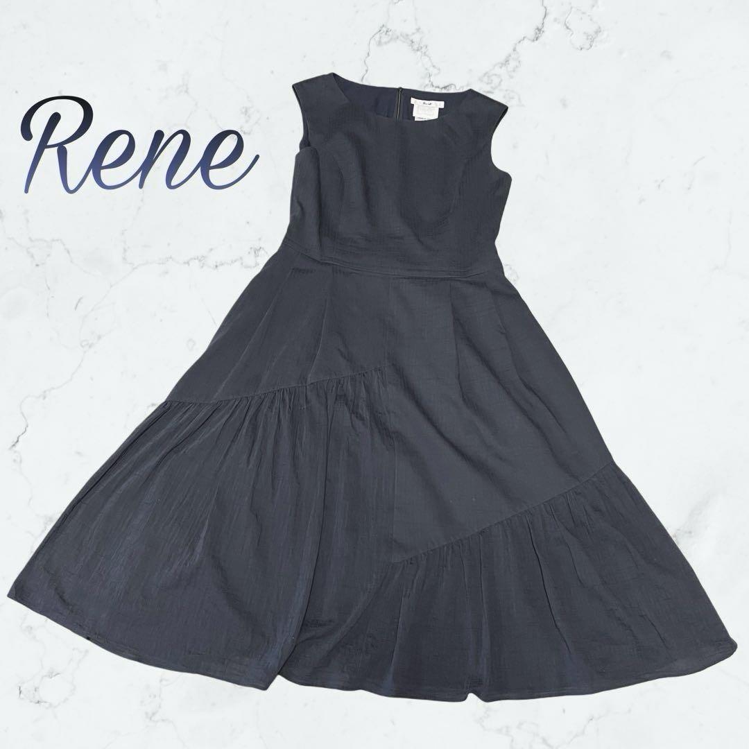 【美品】Rene フレア Aライン ノースリーブ ワンピース ネイビー 36