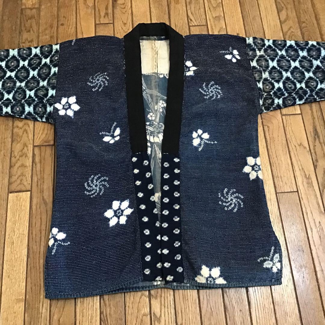 津軽　刺し子半纏　　　絞り布　絣　古布
