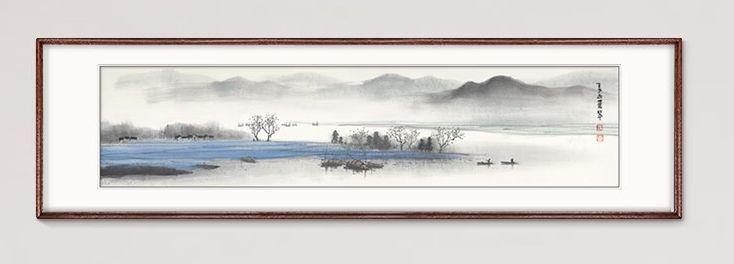 水墨画 自然の風景 木製フレーム 約30cm x 23cm 水墨画 自然風景 茶色フレーム
