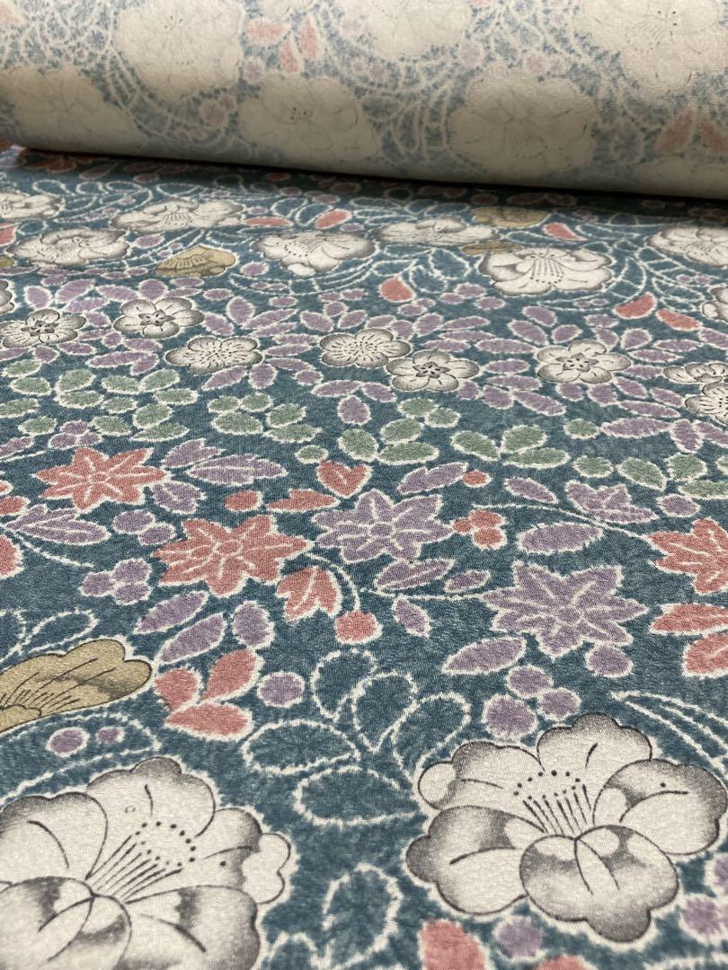 青緑色 花柄（辻が花調） 小紋 反物（未仕立て）