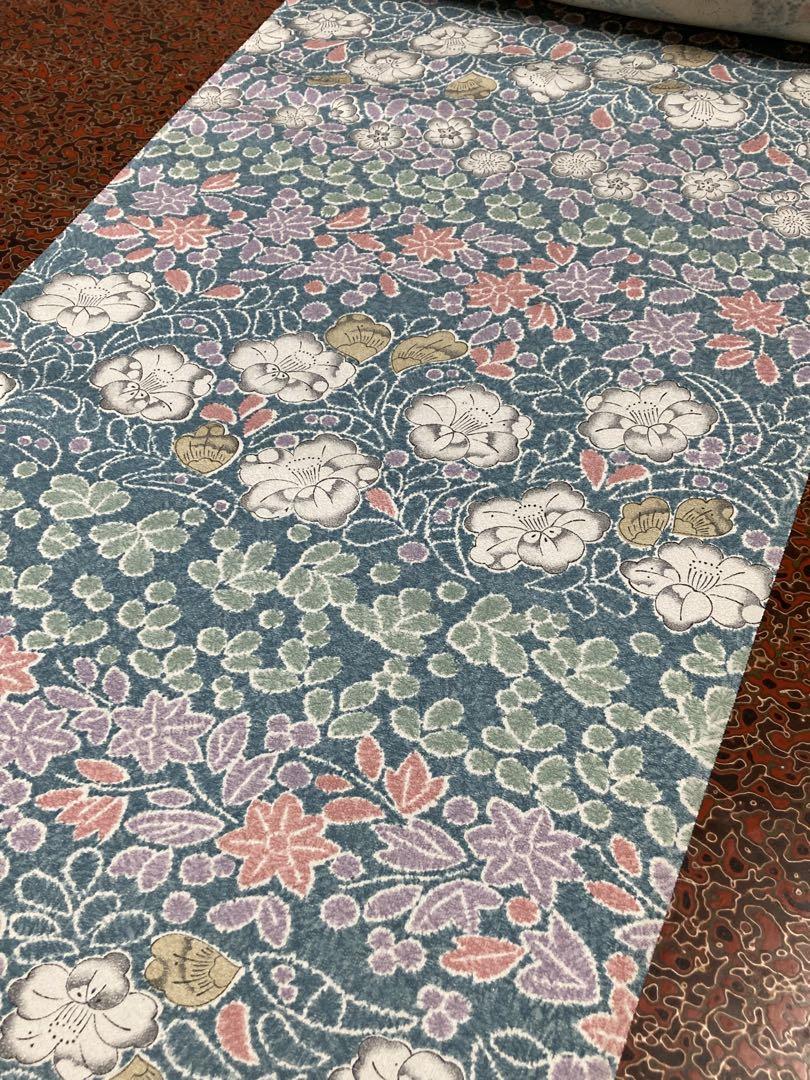 青緑色 花柄（辻が花調） 小紋 反物（未仕立て）