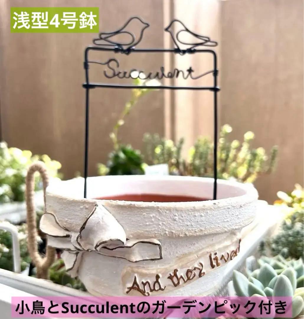 素焼きリメイクリボン鉢浅型4号鉢 ガーデンピック付き リメイク鉢