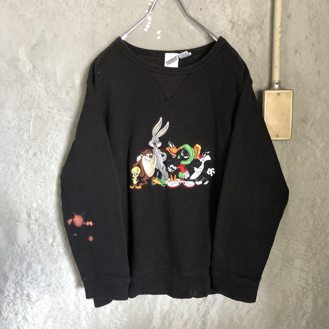 90s ワーナー バックスバニー キャラクター刺繍スウェット 黒