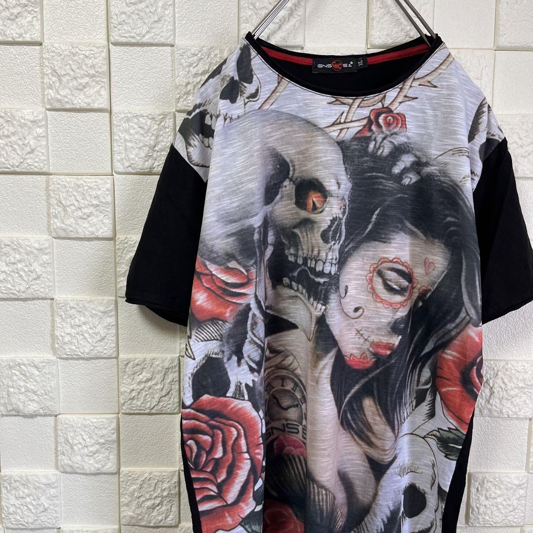 希少 レア GNS51 Tシャツ 髑髏 薔薇 総柄 イタリア製