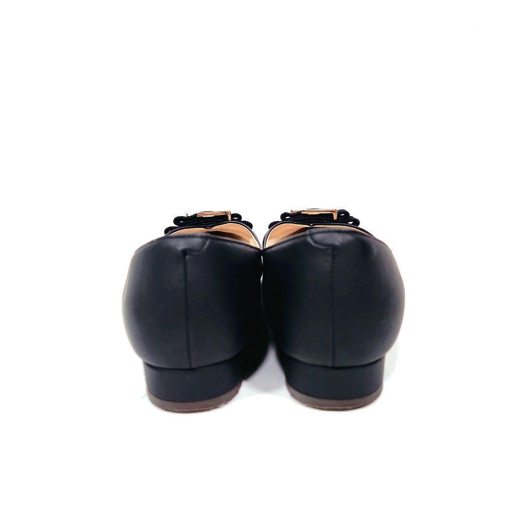 【良品】ダイアナ 2cmヒール フェミニンフラットパンプス リボン 黒 23.5