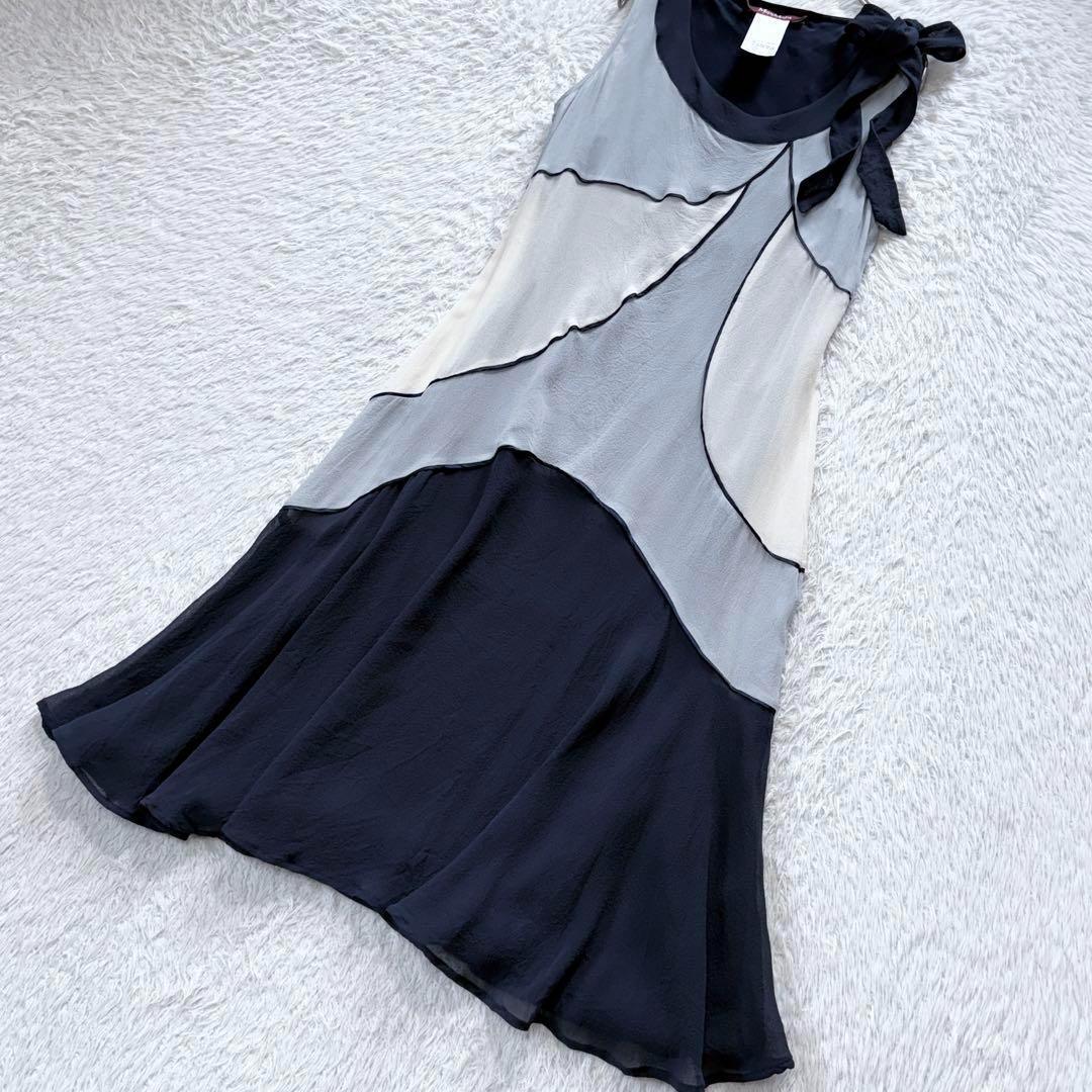 【美品】マックスマーラ シフォン 配色 ワンピース 肩リボン 上品 リゾート