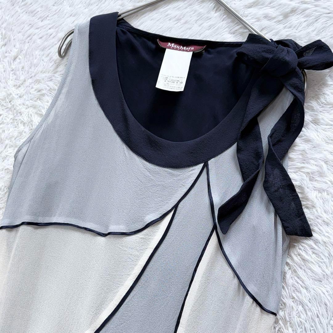 【美品】マックスマーラ シフォン 配色 ワンピース 肩リボン 上品 リゾート