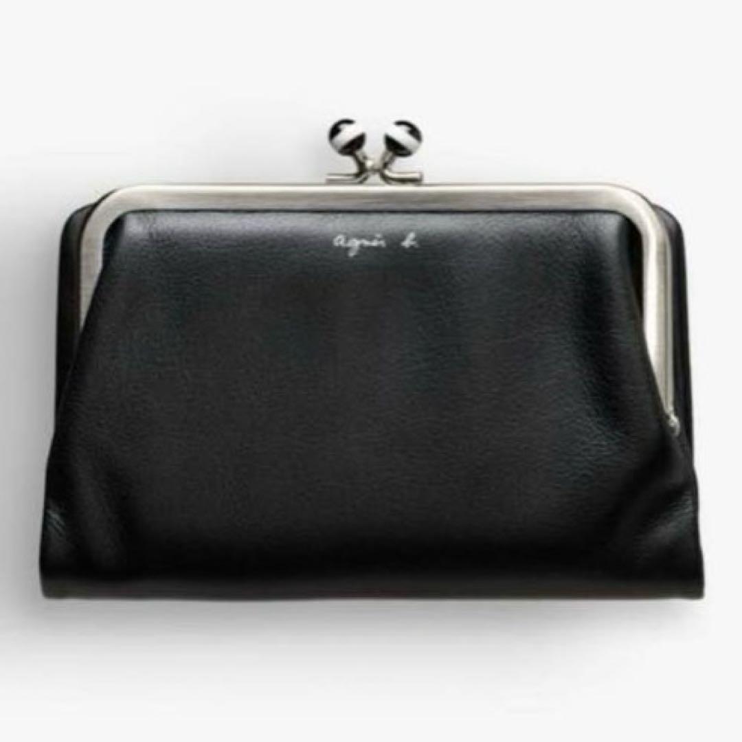 競売 美品】agnes メルカリ - 黒 二つ折り財布 がま口 レザー b. 小物