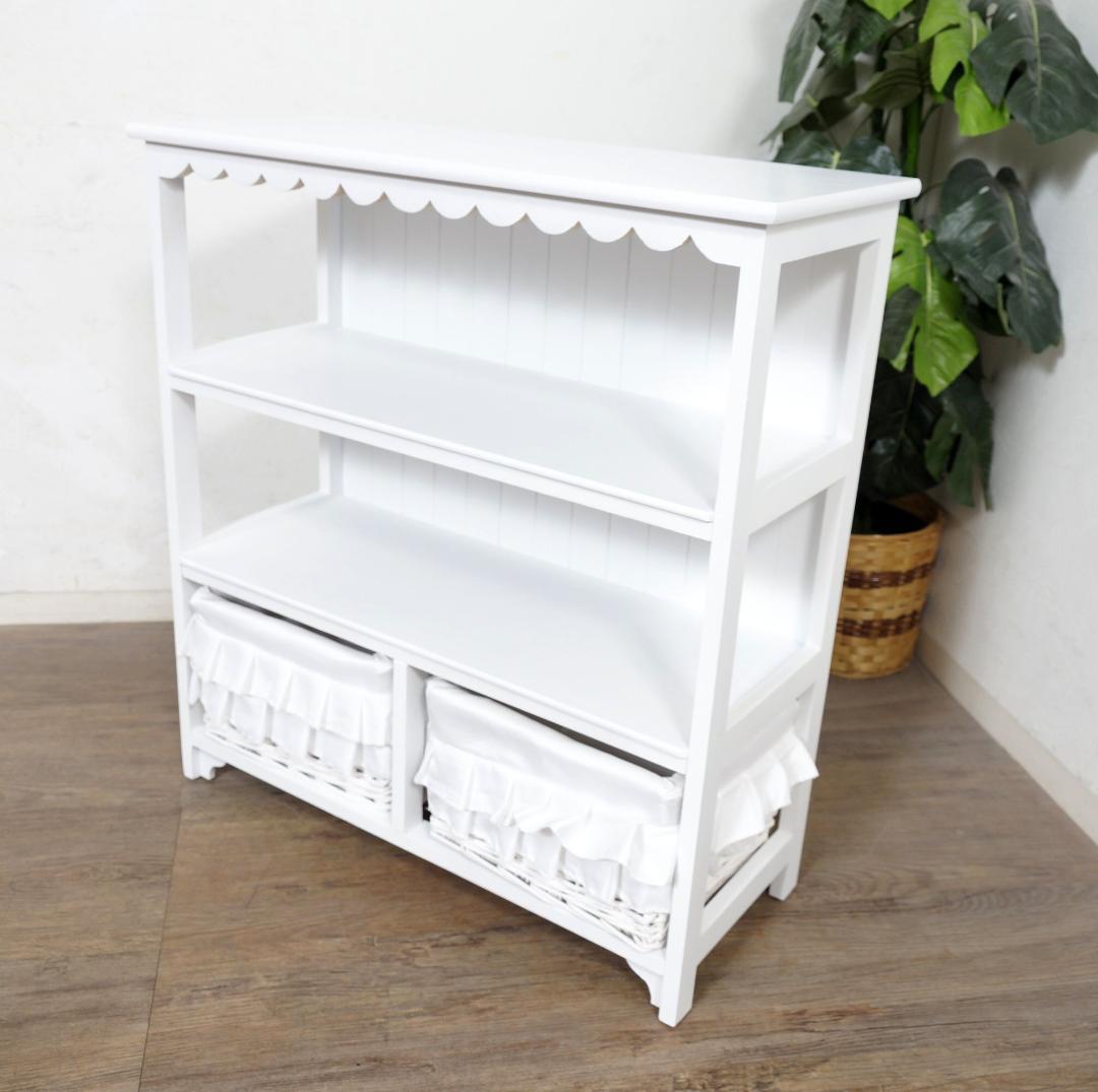 お姫様風　白家具　ランドリーチェスト　キャビネット　バスケット2個　完成品