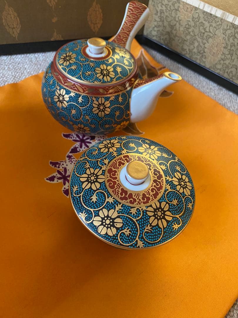 九谷焼 青粒唐草 蓋付茶器 正峰窯