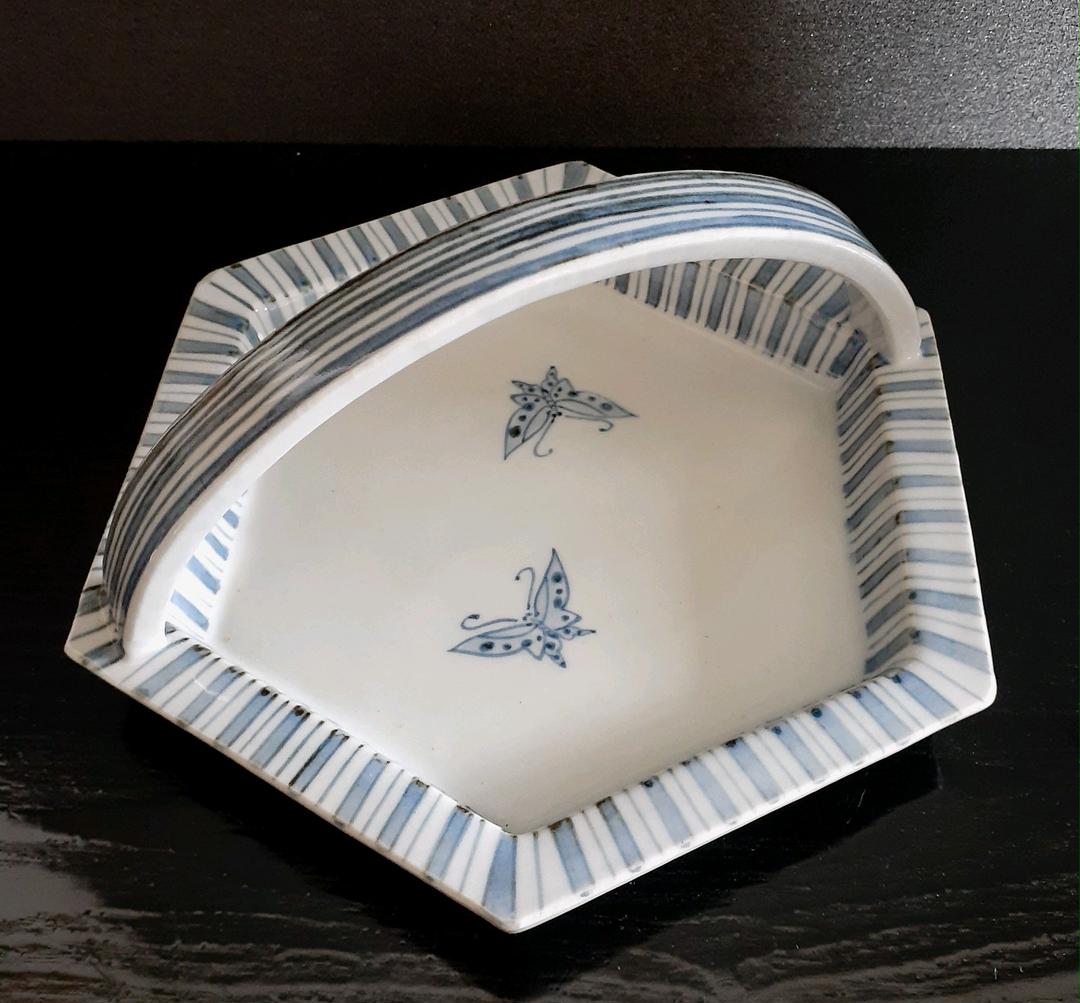 石川県無形文化財保持者 染付 蝶々図 手付鉢 共箱 cIJDR-m61572829144 日展特選作家 松本佐一 作 即納最新品