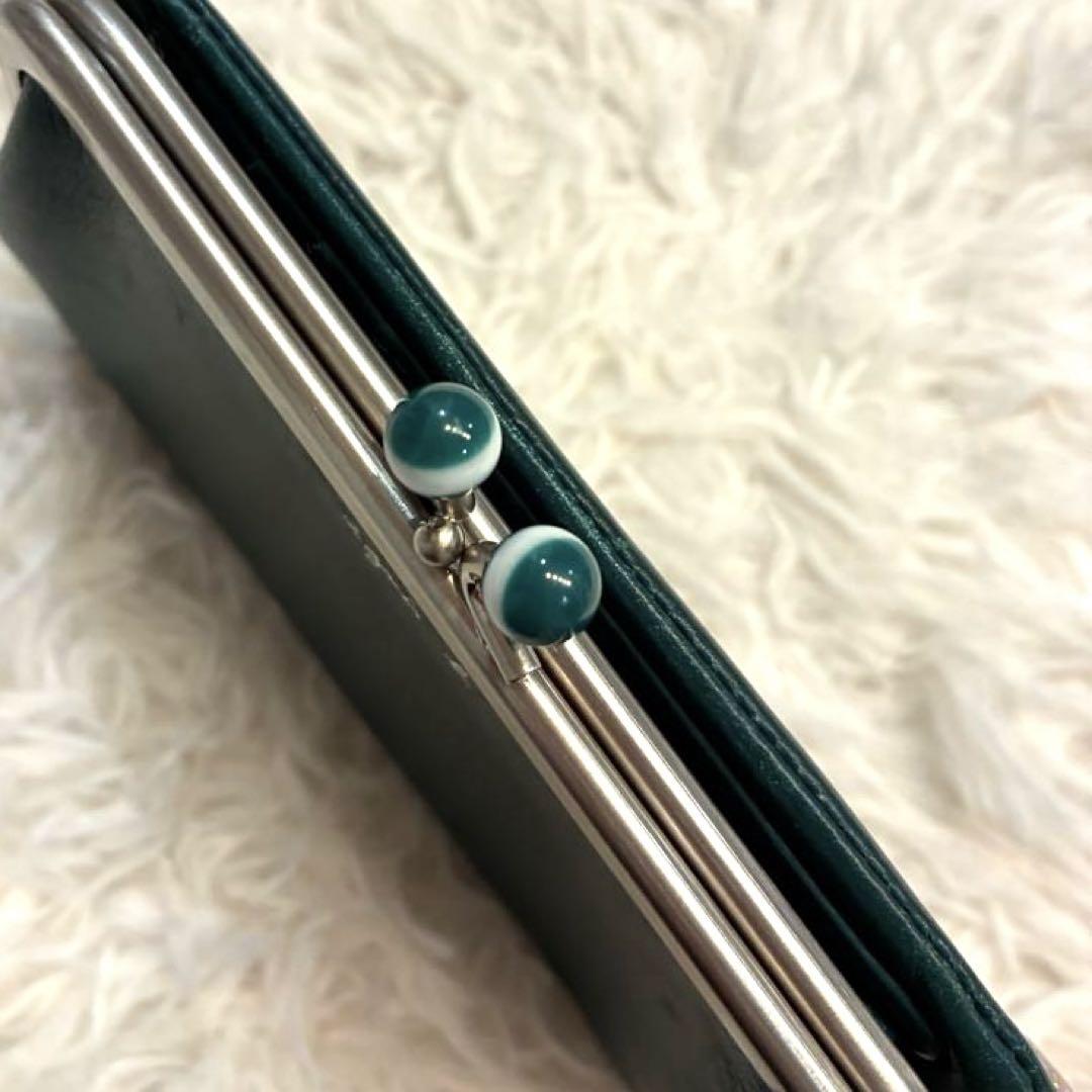 【美品】agnes b. レザー　がま口　二つ折り財布　グリーン