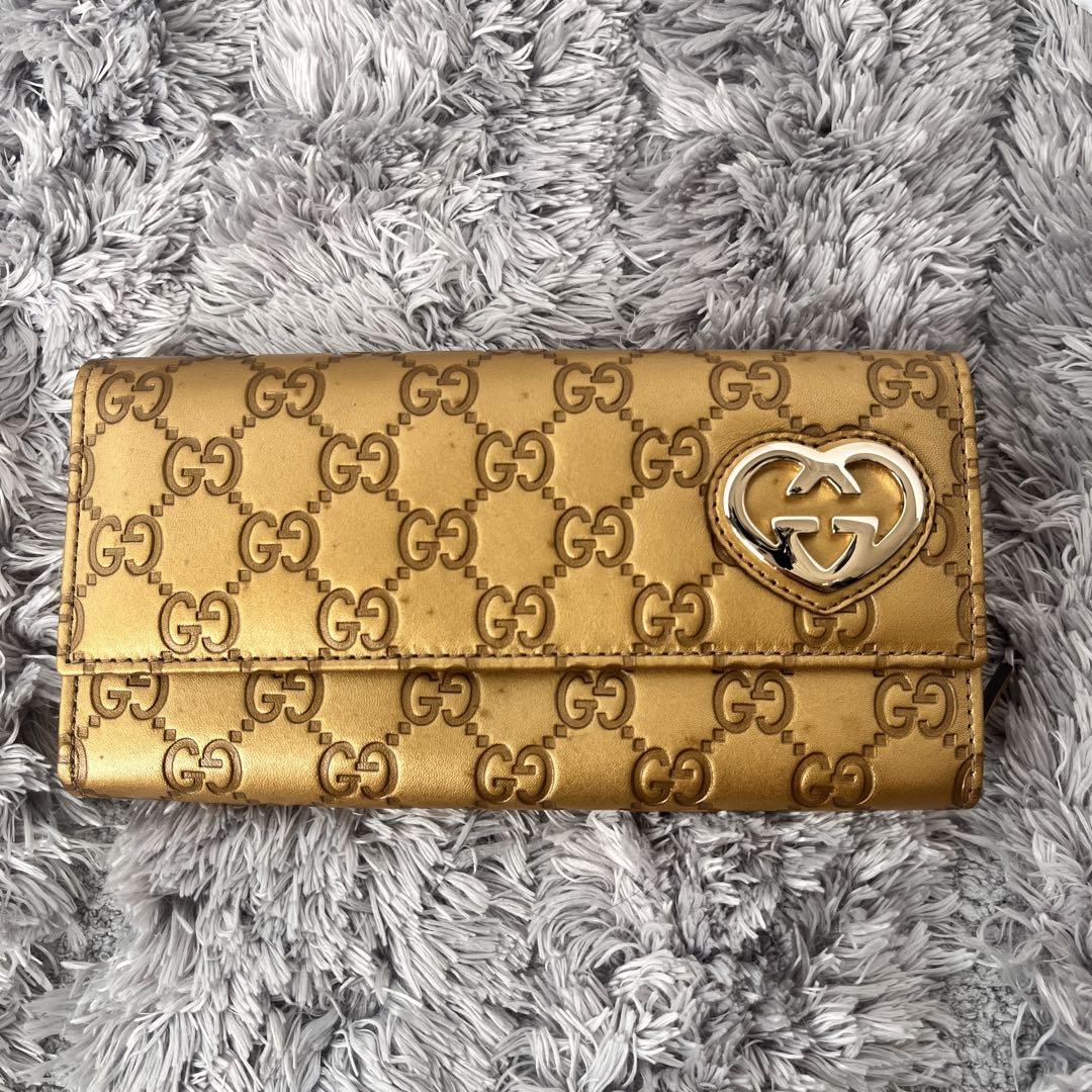 良品✨長財布　ラブリーハート　シマ　長財布　フラップ　ゴールド　レディース