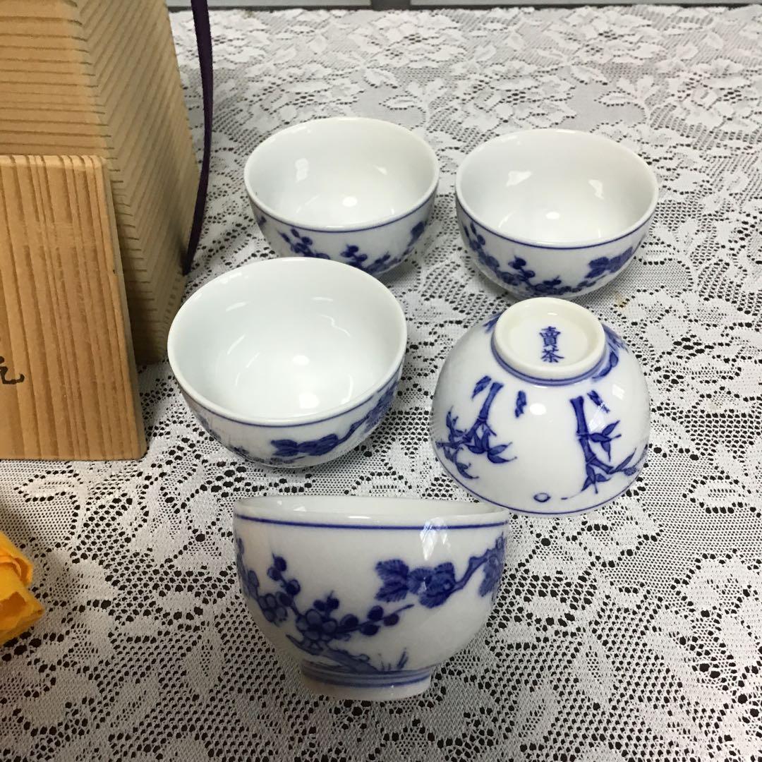 未使用　煎茶碗　松竹梅　賣茶　煎茶道具　共布　共箱