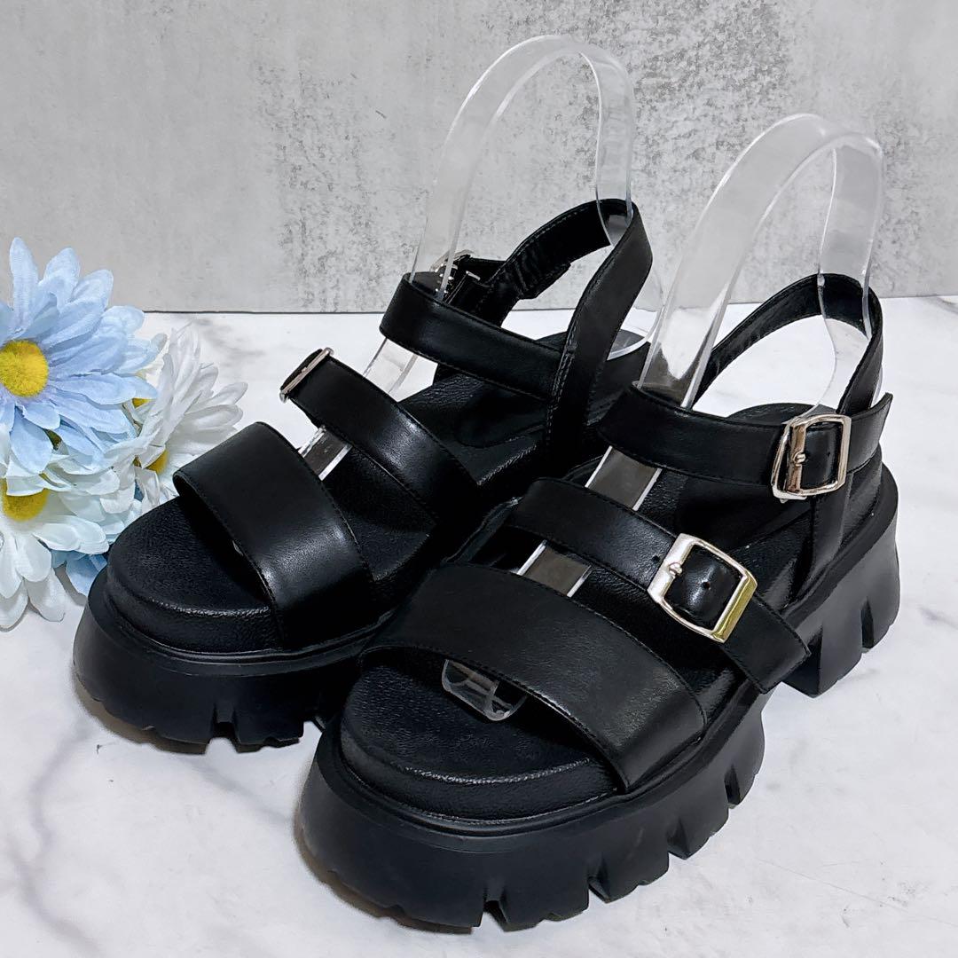 極美品 イング サンダル 厚底 ストラップ レザー ブラック スポーツサンダル